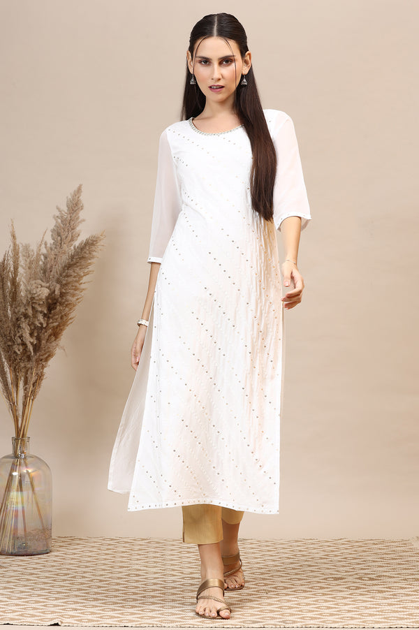 White Schiffli Embroidered Rayon Straight Kurta with Sequins