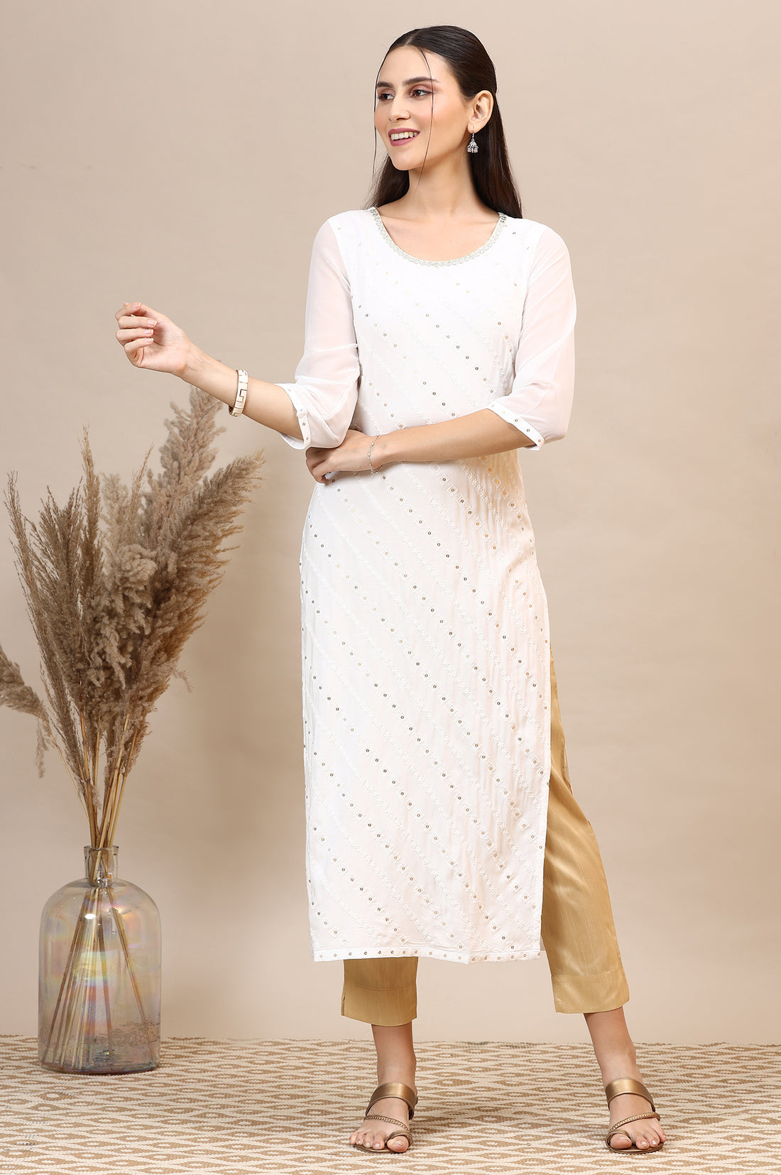 White Schiffli Embroidered Rayon Straight Kurta with Sequins