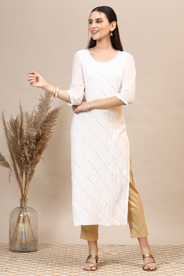 White Schiffli Embroidered Rayon Straight Kurta with Sequins