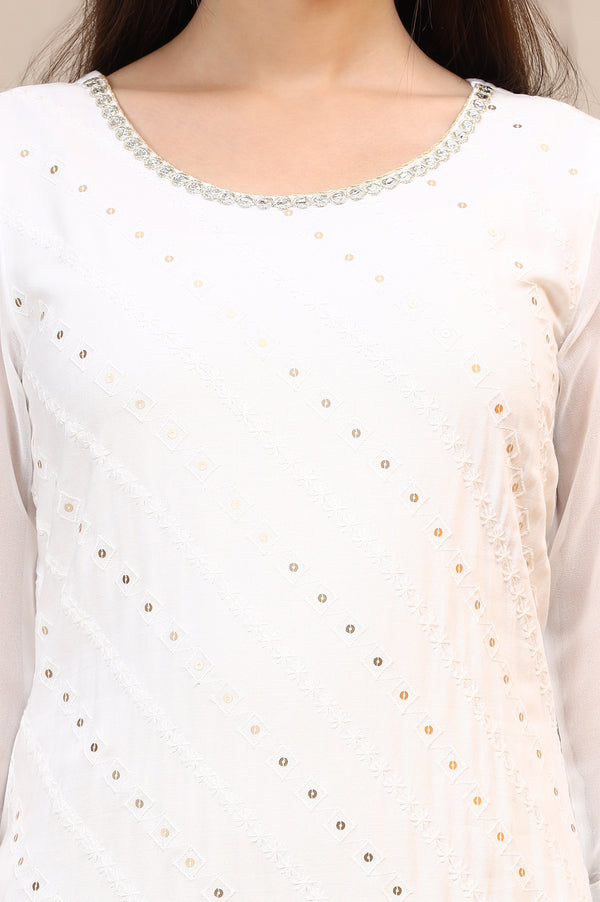 White Schiffli Embroidered Rayon Straight Kurta with Sequins