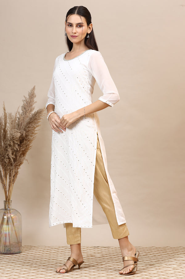White Schiffli Embroidered Rayon Straight Kurta with Sequins