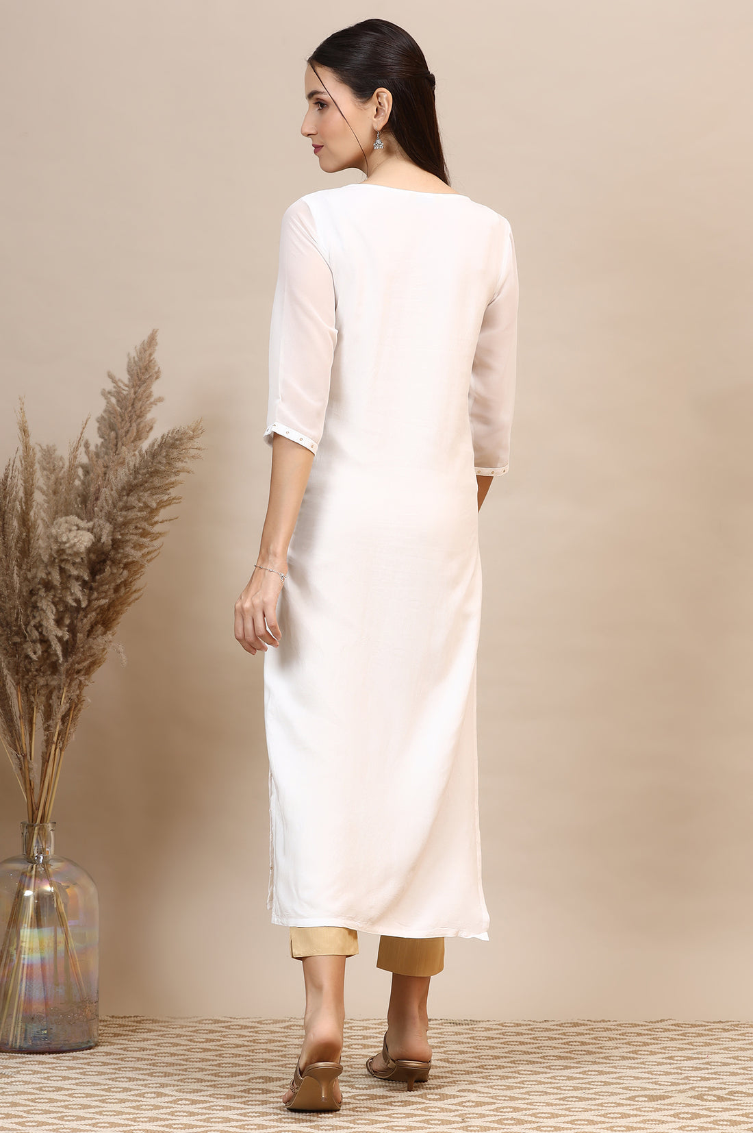 White Schiffli Embroidered Rayon Straight Kurta with Sequins