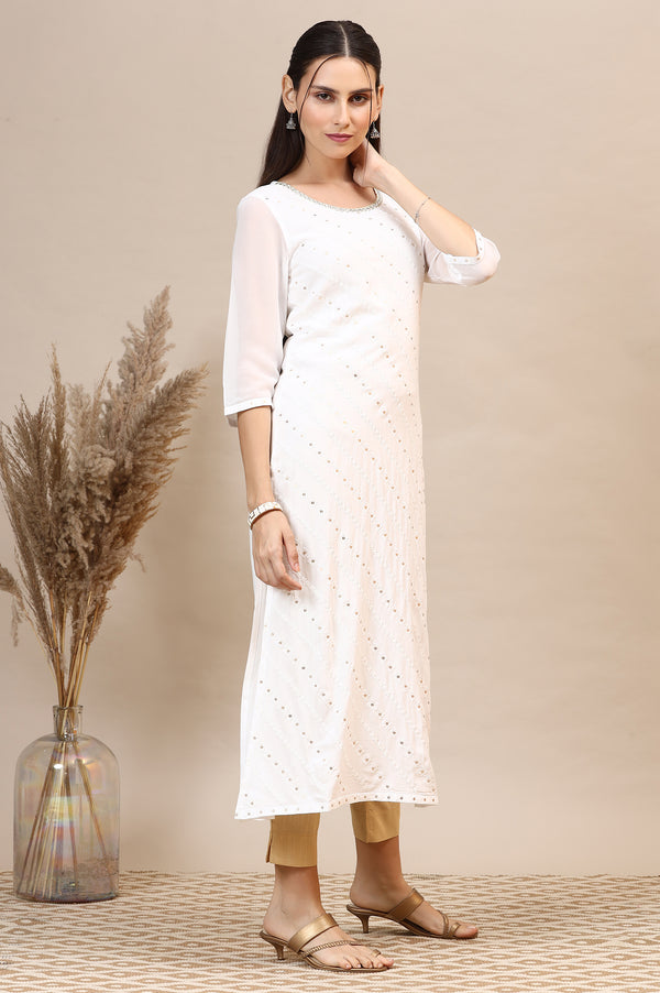 White Schiffli Embroidered Rayon Straight Kurta with Sequins