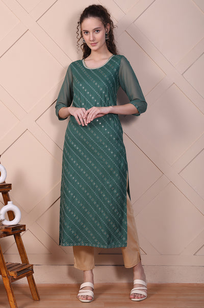 Green Embroidered Rayon Straight Festive Kurta