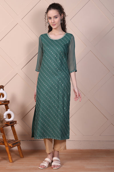 Green Embroidered Rayon Straight Festive Kurta