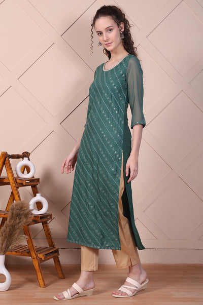 Green Embroidered Rayon Straight Festive Kurta