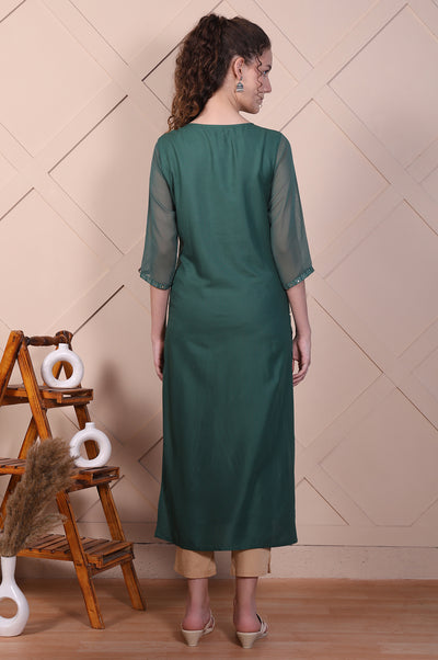 Green Embroidered Rayon Straight Festive Kurta