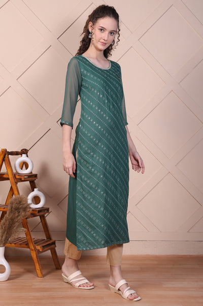 Green Embroidered Rayon Straight Festive Kurta