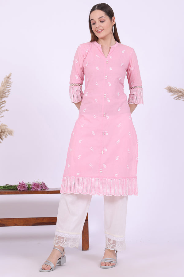 Pink Embroidered Straight Pure Cotton Kurta