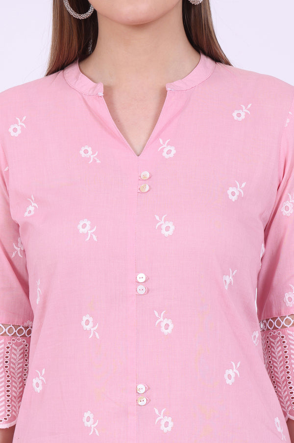 Pink Embroidered Straight Pure Cotton Kurta