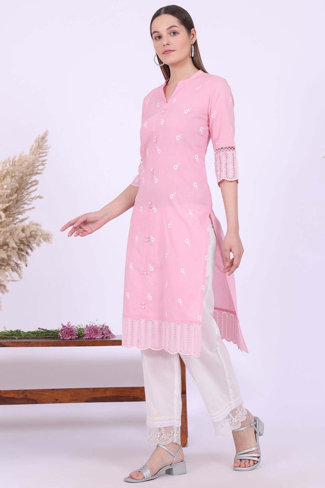 Pink Embroidered Straight Pure Cotton Kurta