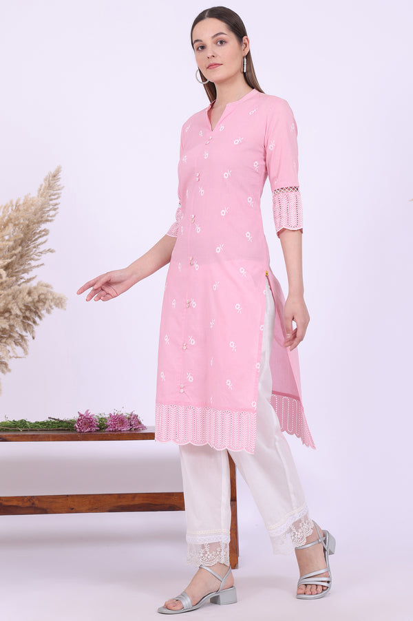 Pink Embroidered Straight Pure Cotton Kurta