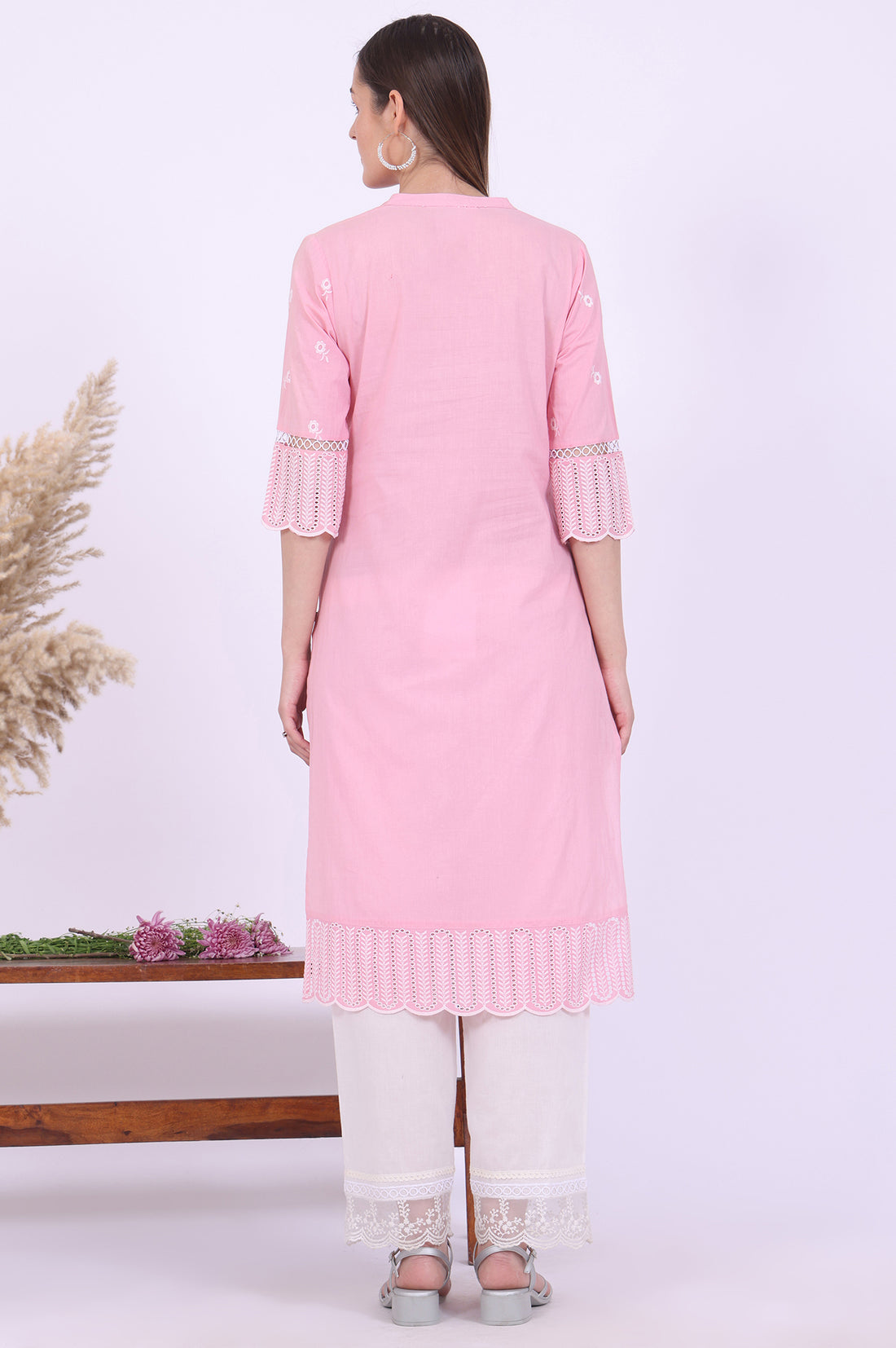 Pink Embroidered Straight Pure Cotton Kurta
