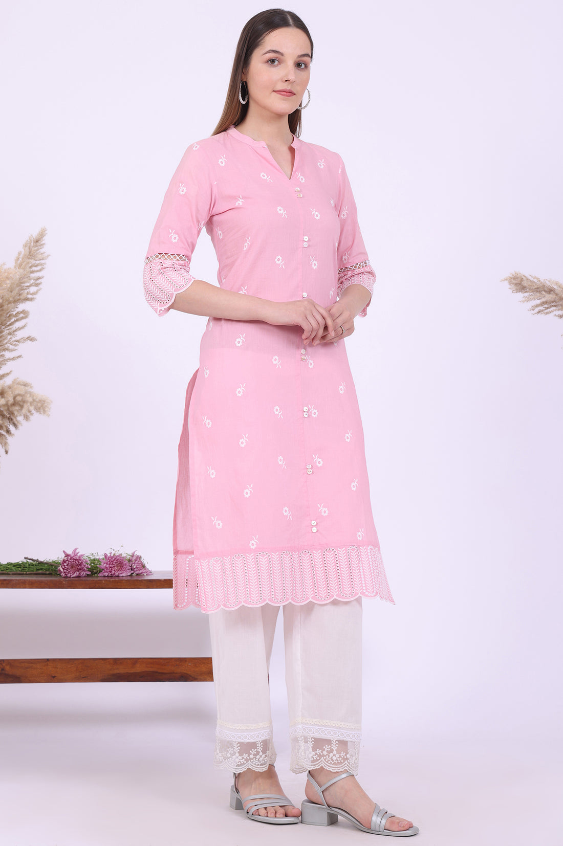 Pink Embroidered Straight Pure Cotton Kurta