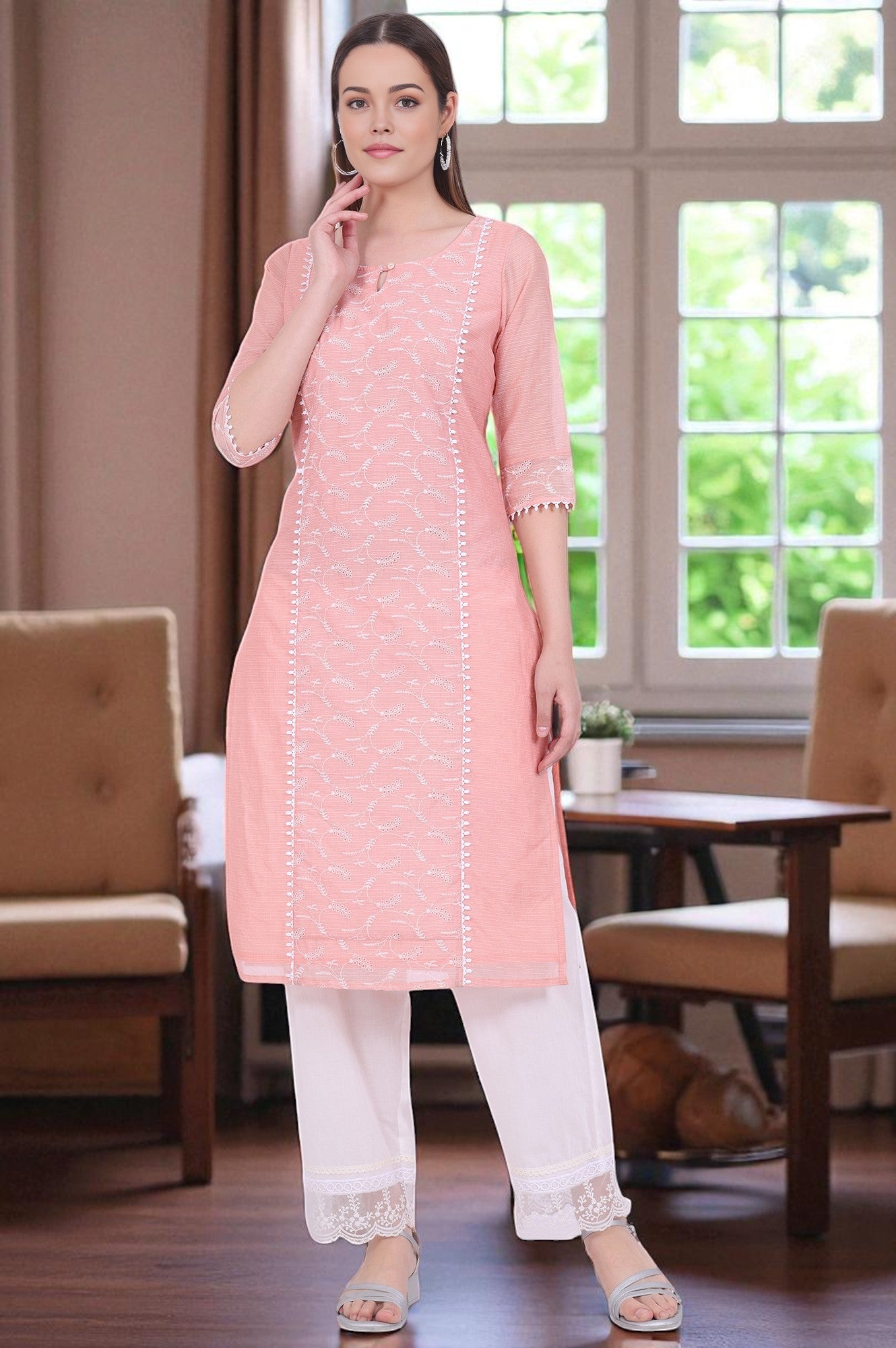Orange Embroidered Straight Cotton Blend Kurta