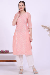 Orange Embroidered Straight Cotton Blend Kurta