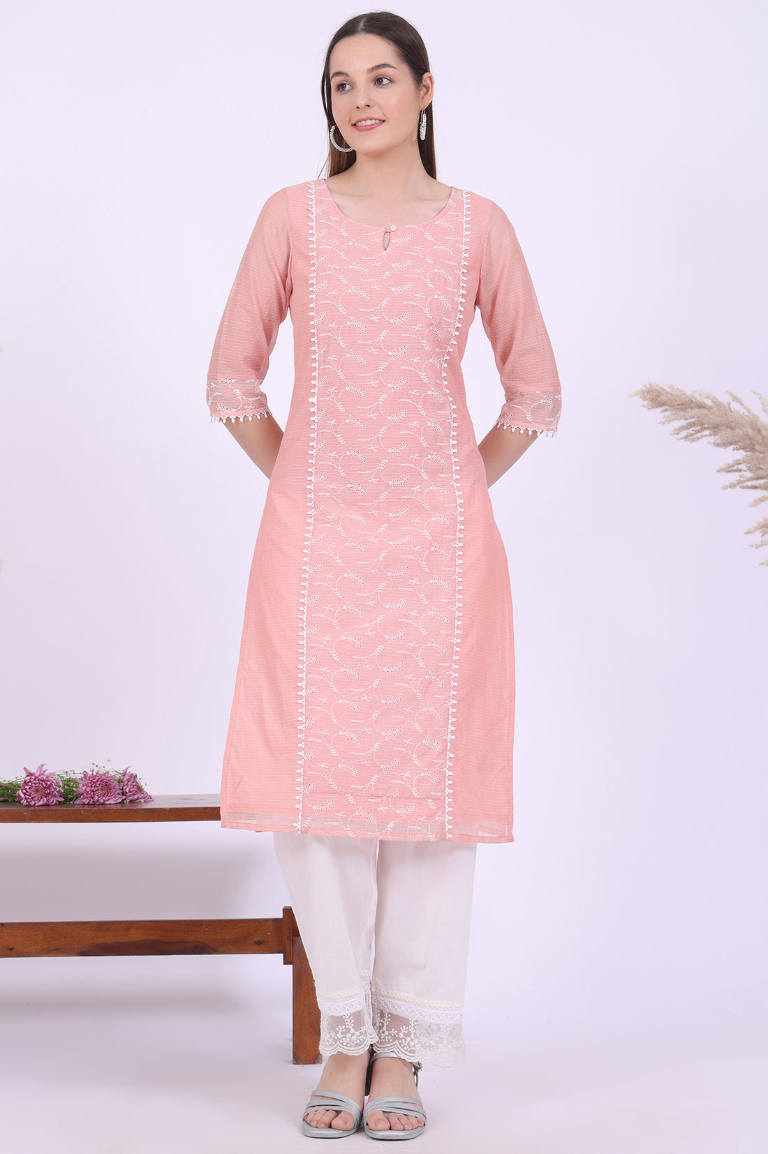 Orange Embroidered Straight Cotton Blend Kurta