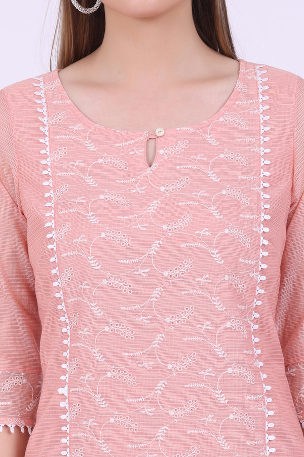 Orange Embroidered Straight Cotton Blend Kurta