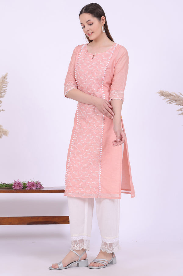 Orange Embroidered Straight Cotton Blend Kurta