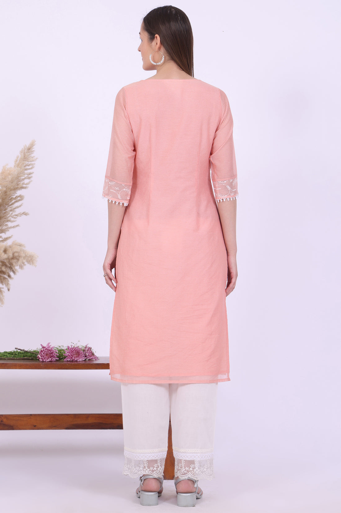 Orange Embroidered Straight Cotton Blend Kurta