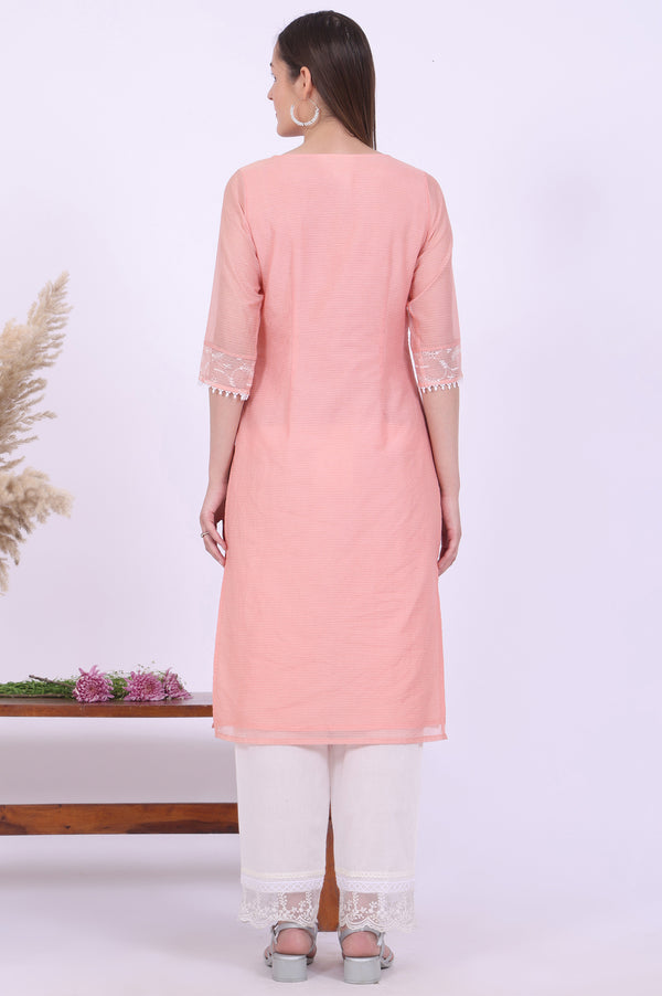Orange Embroidered Straight Cotton Blend Kurta