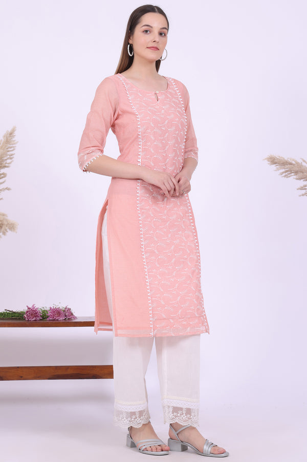 Orange Embroidered Straight Cotton Blend Kurta