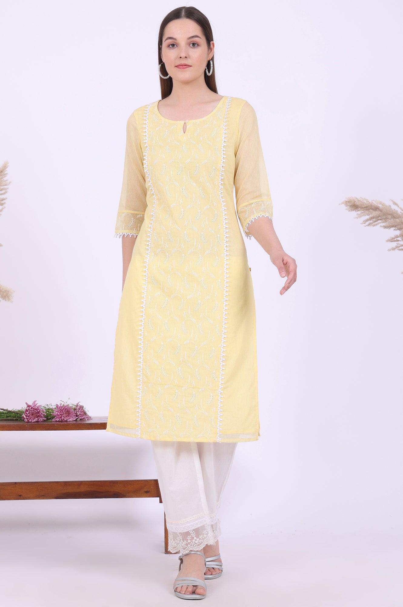 Yellow Embroidered Straight Cotton Blend Kurta