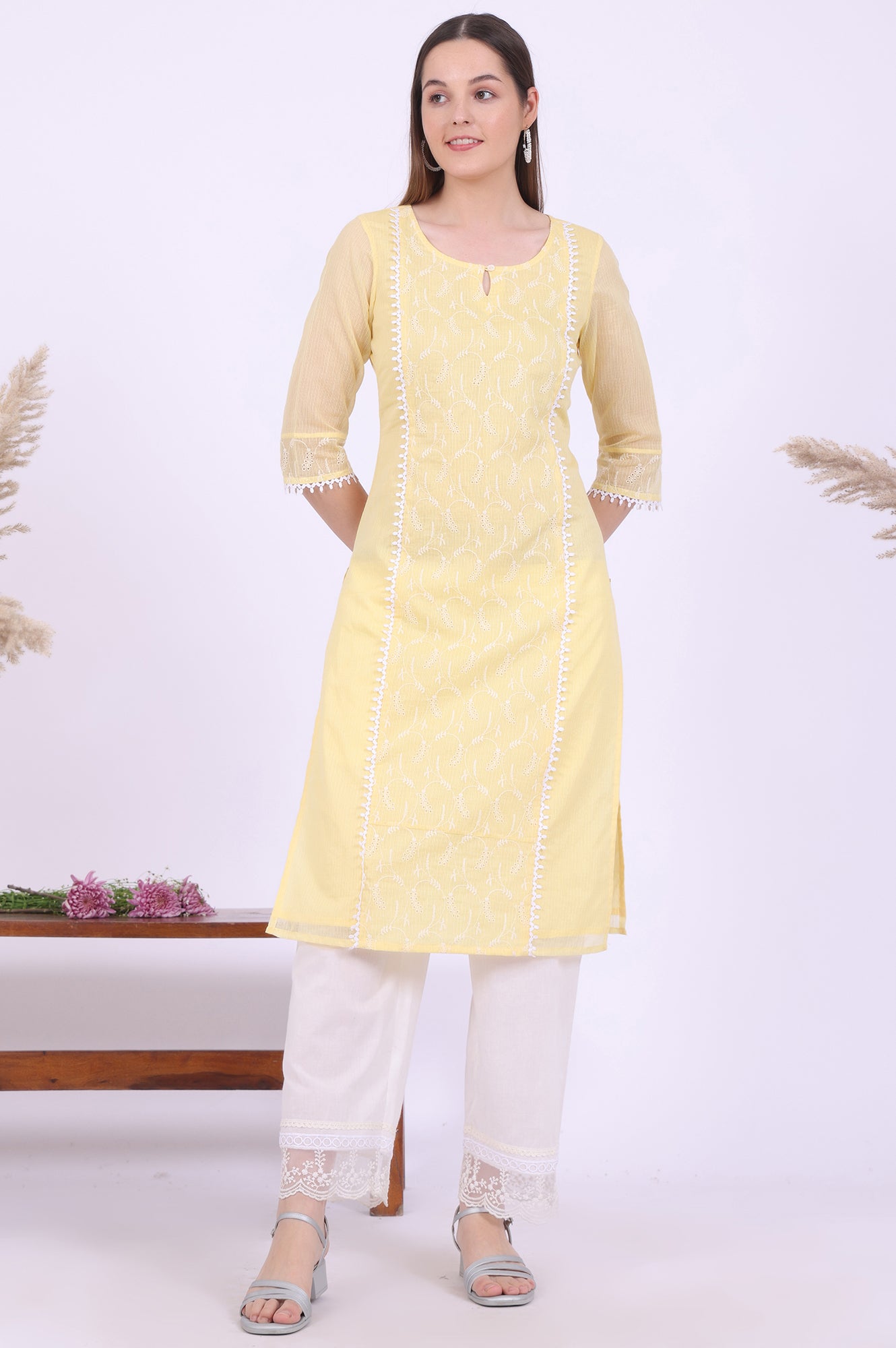 Yellow Embroidered Straight Cotton Blend Kurta