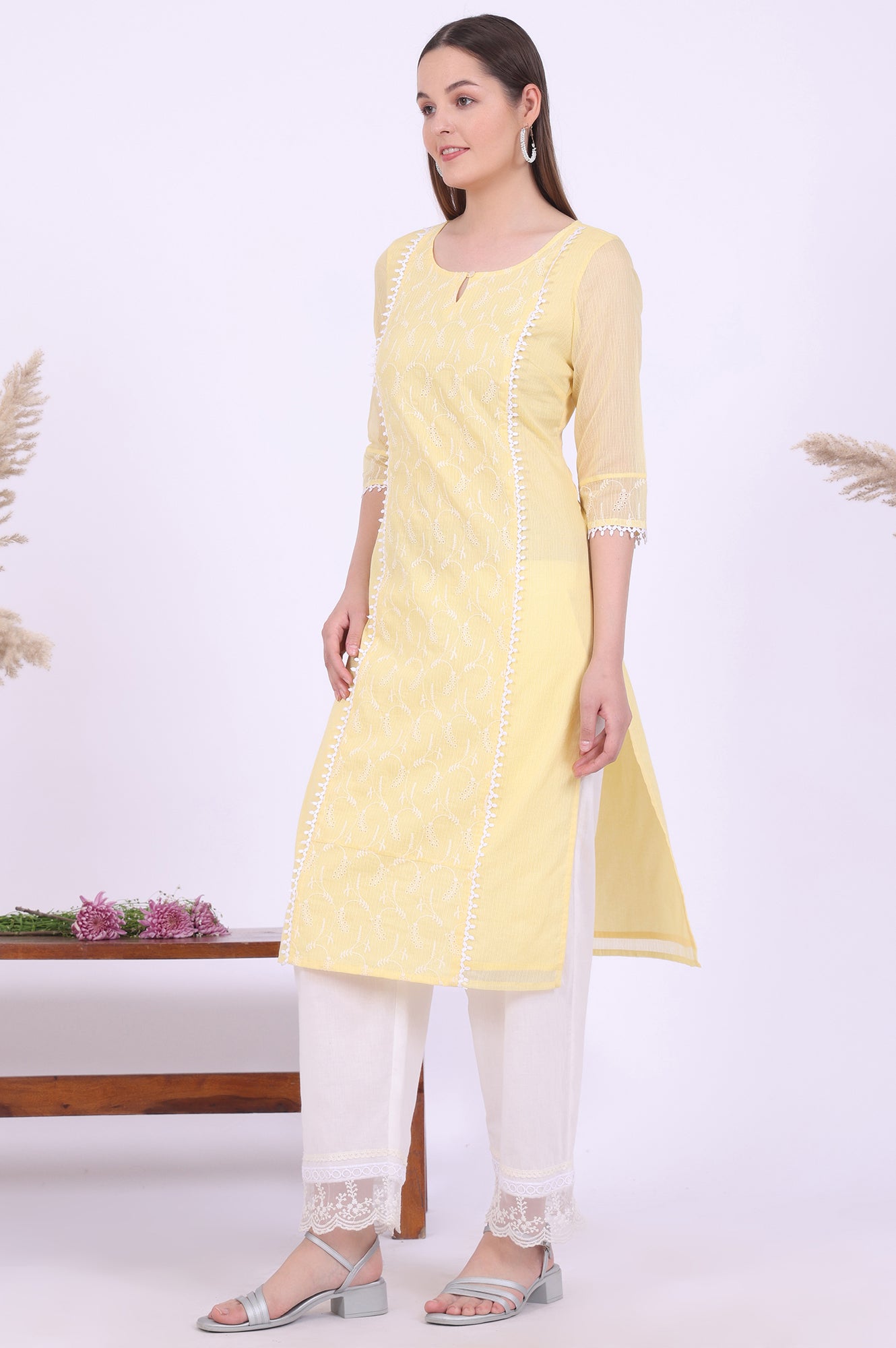 Yellow Embroidered Straight Cotton Blend Kurta