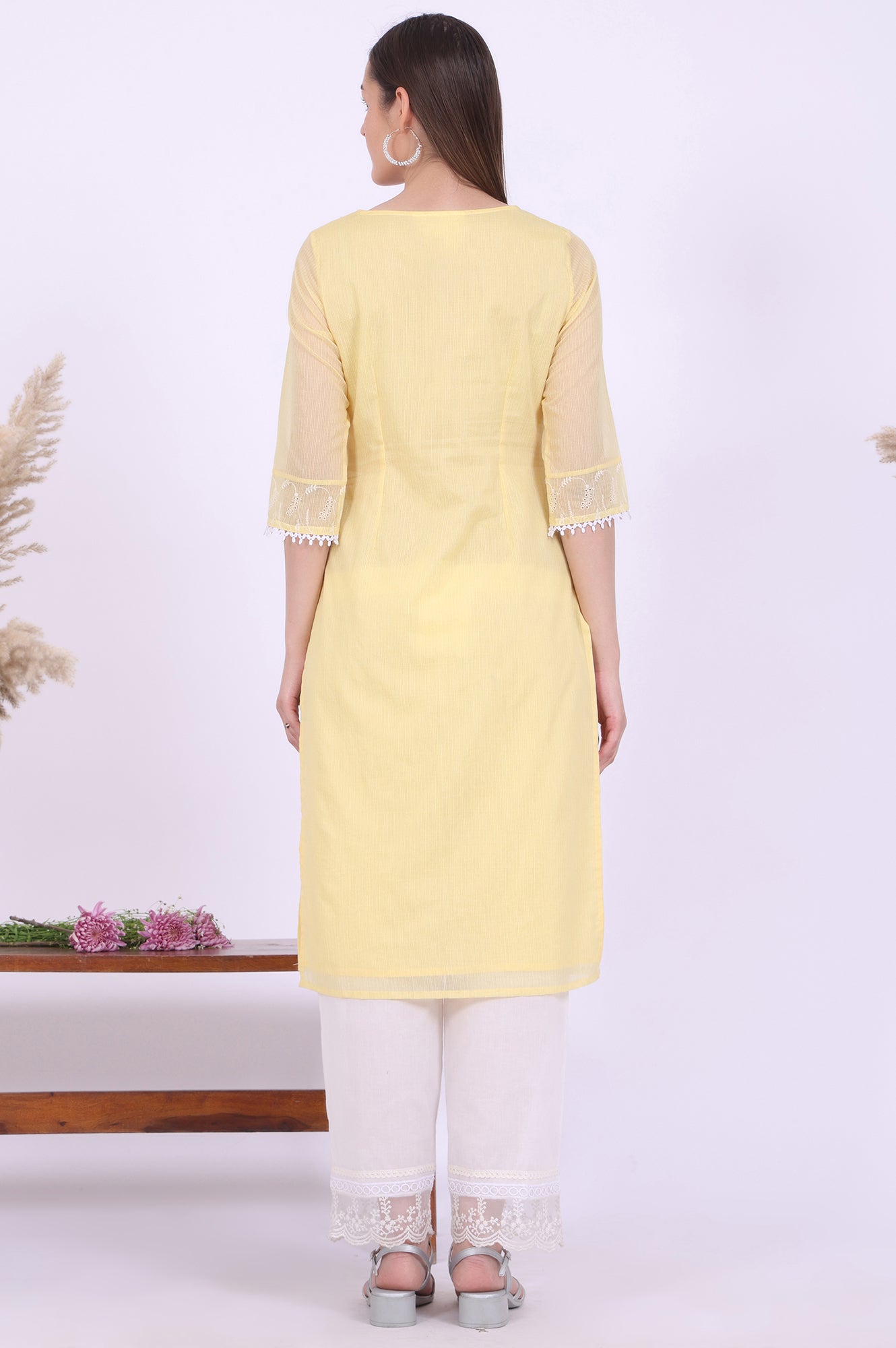 Yellow Embroidered Straight Cotton Blend Kurta