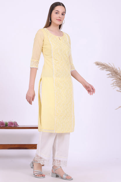 Yellow Embroidered Straight Cotton Blend Kurta