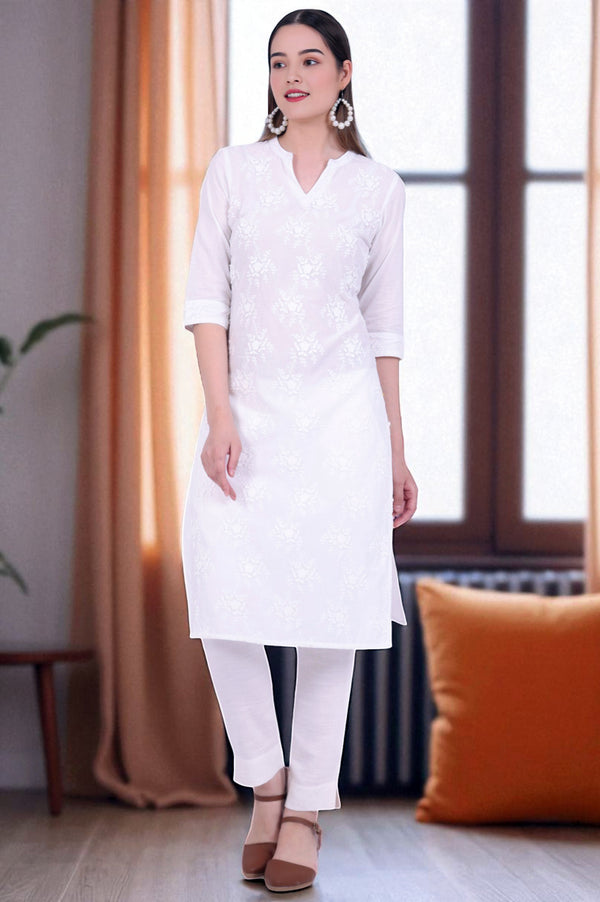 White Embroidered Straight Pure Cotton Kurta