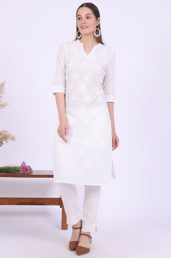 White Embroidered Straight Pure Cotton Kurta