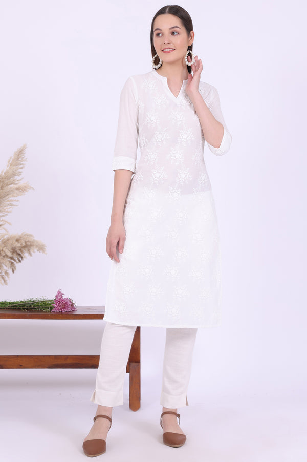 White Embroidered Straight Pure Cotton Kurta