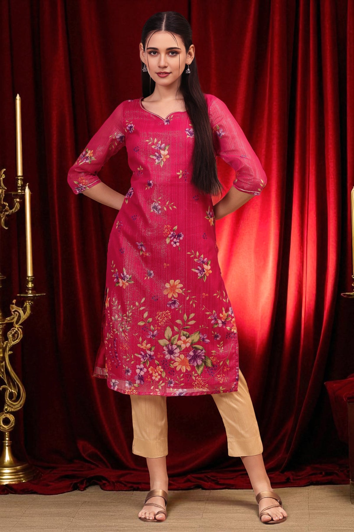 Pink Digital Floral Printed Lurex Chiffon Straight Kurta - XS