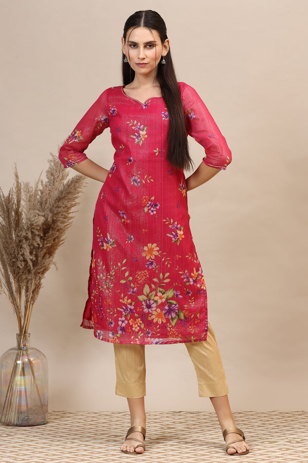 Pink Digital Floral Printed Lurex Chiffon Straight Kurta