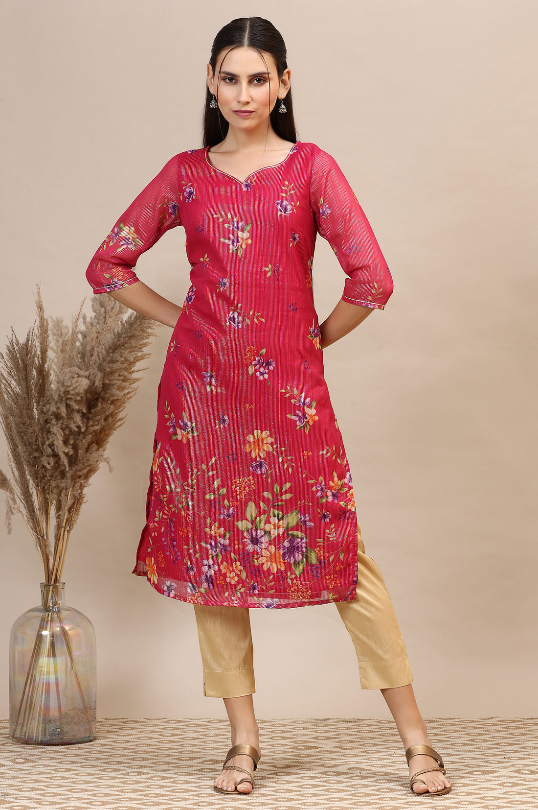 Pink Digital Floral Printed Lurex Chiffon Straight Kurta
