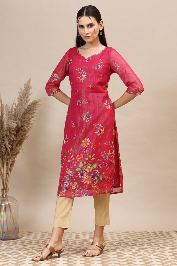 Pink Digital Floral Printed Lurex Chiffon Straight Kurta