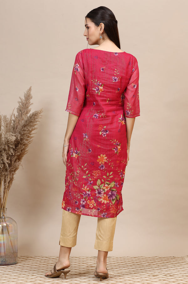Pink Digital Floral Printed Lurex Chiffon Straight Kurta