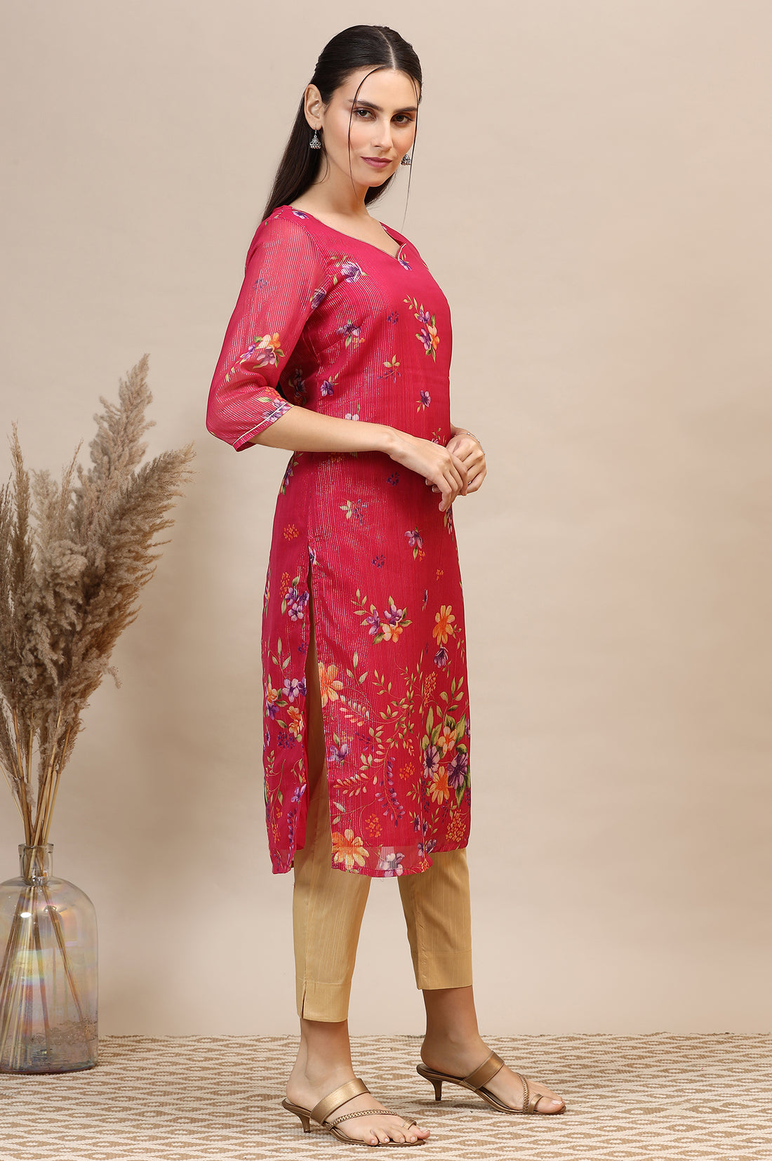 Pink Digital Floral Printed Lurex Chiffon Straight Kurta