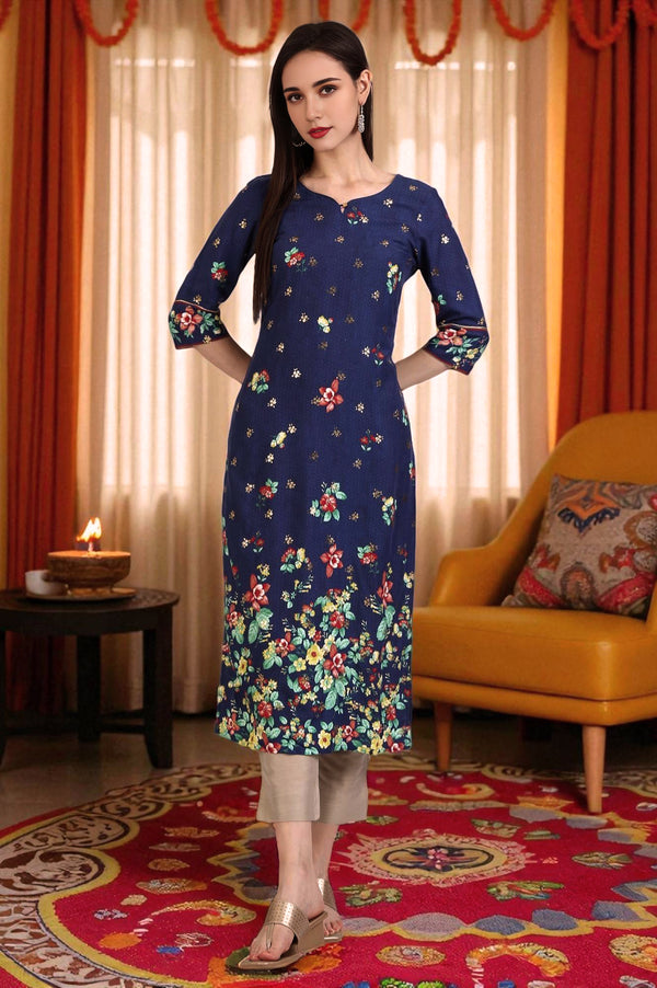 Blue Floral Printed Rayon Straight Kurta in Sweetheart Neck