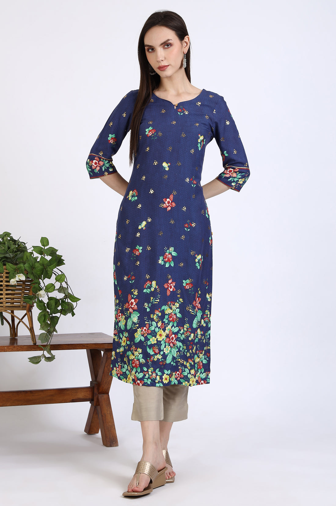 Blue Floral Printed Rayon Straight Kurta in Sweetheart Neck