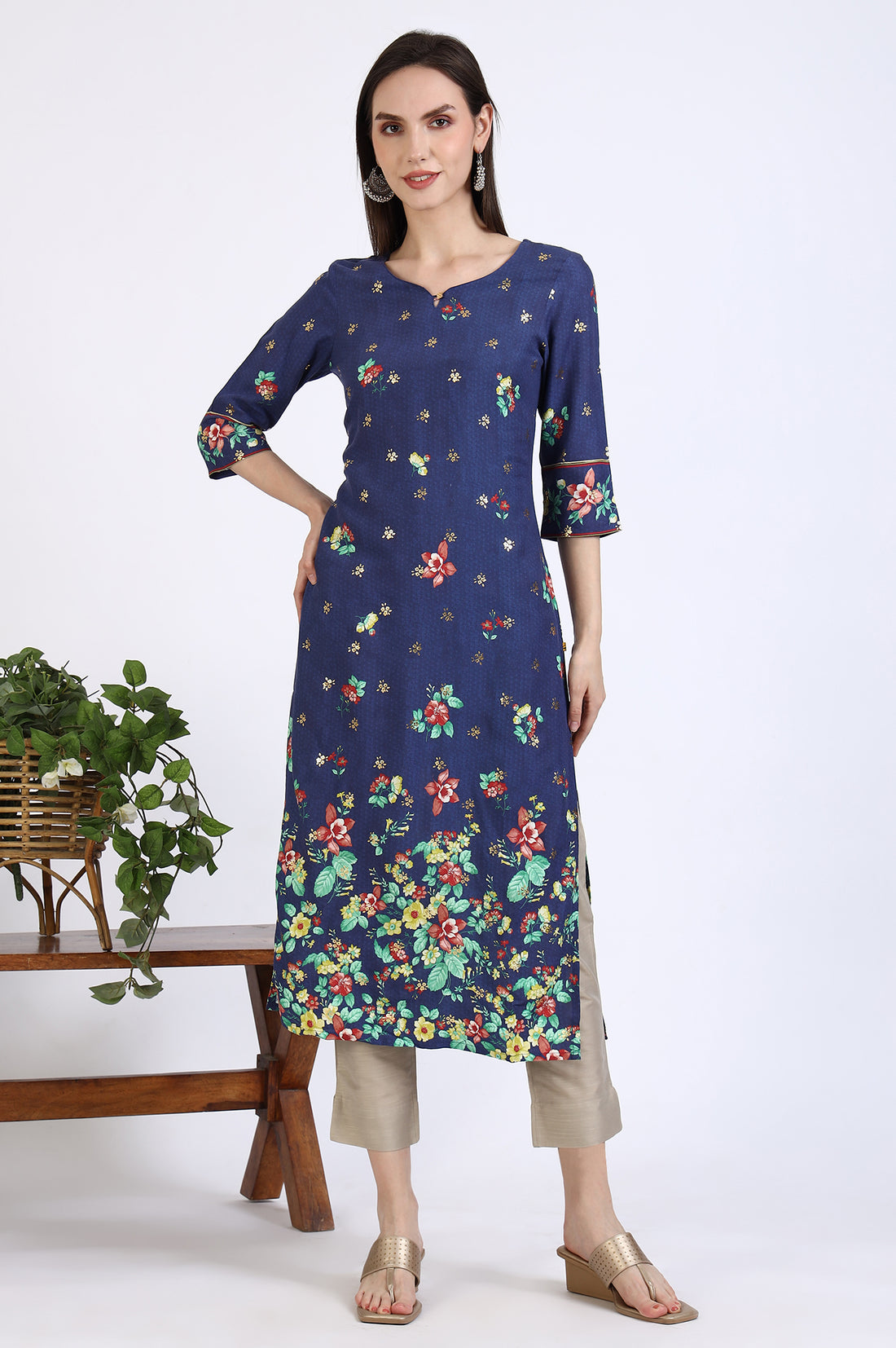 Blue Floral Printed Rayon Straight Kurta in Sweetheart Neck