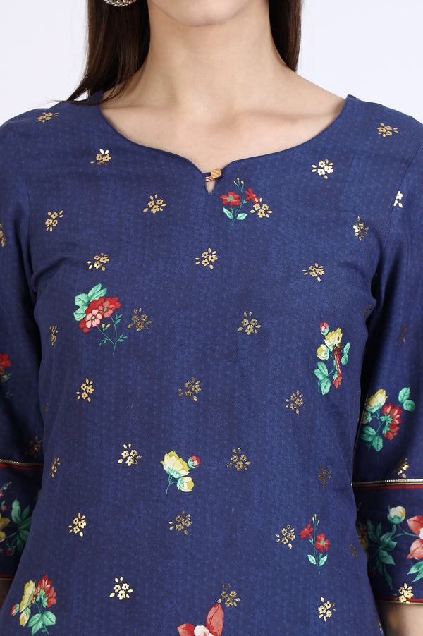 Blue Floral Printed Rayon Straight Kurta in Sweetheart Neck