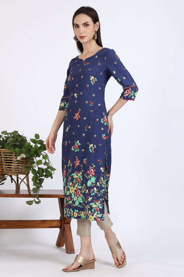 Blue Floral Printed Rayon Straight Kurta in Sweetheart Neck