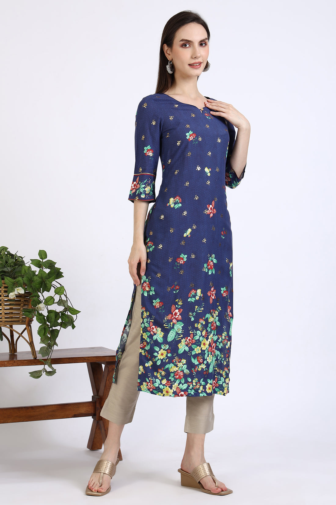 Blue Floral Printed Rayon Straight Kurta in Sweetheart Neck