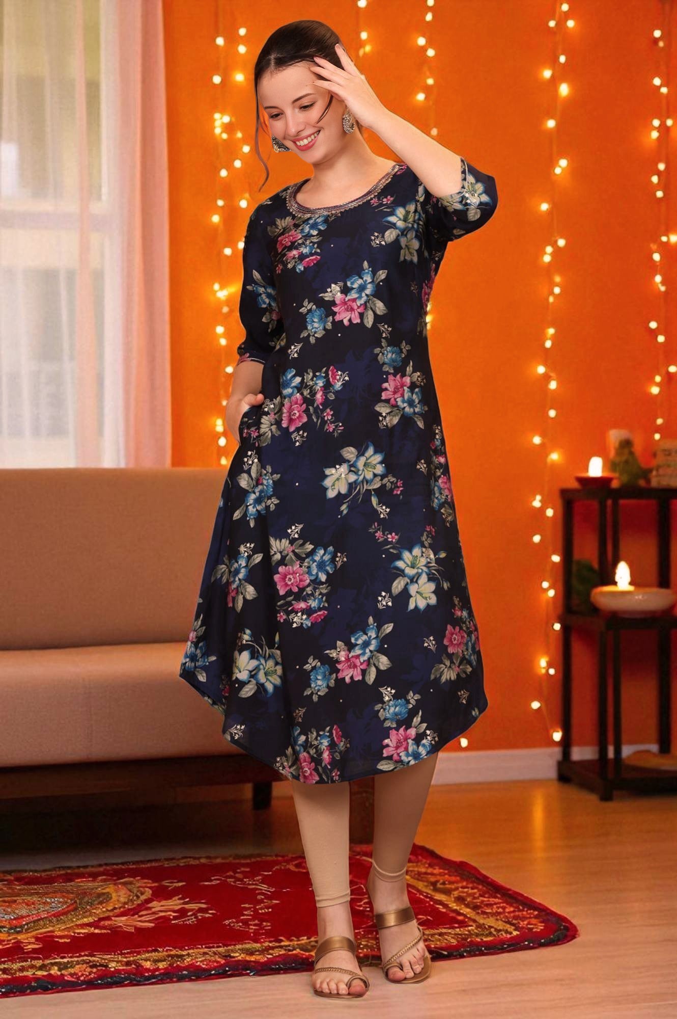 Blue Digital Foil Floral Printed Curved A-line Kurta