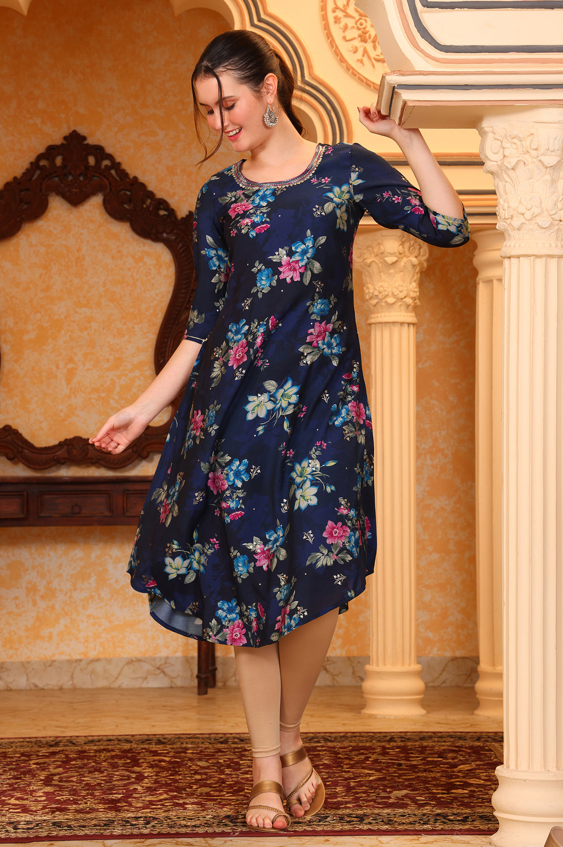 Blue Digital Foil Floral Printed Curved A-line Kurta