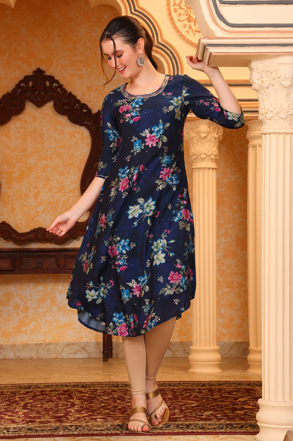 Blue Digital Foil Floral Printed Curved A-line Kurta