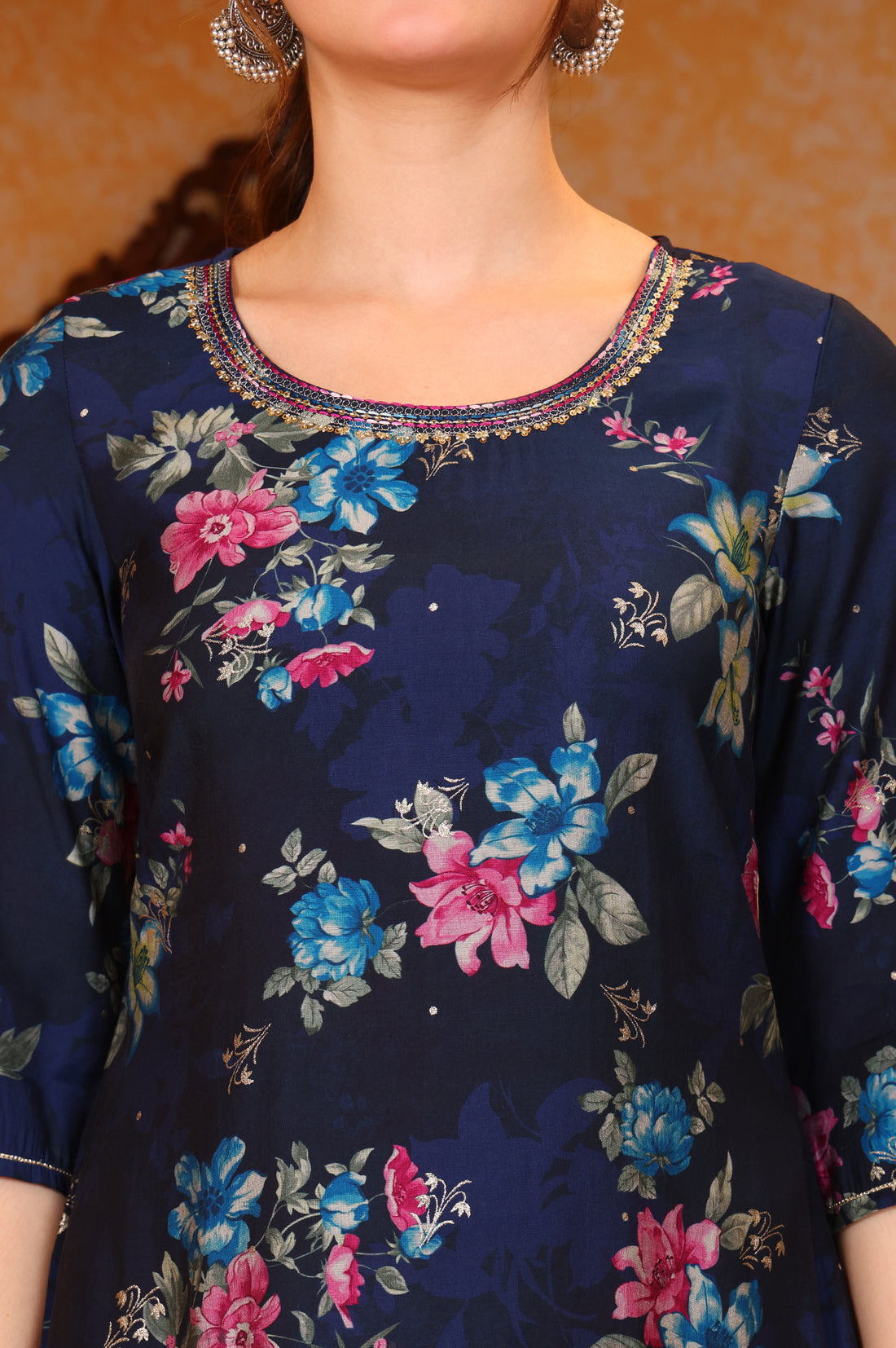 Blue Digital Foil Floral Printed Curved A-line Kurta